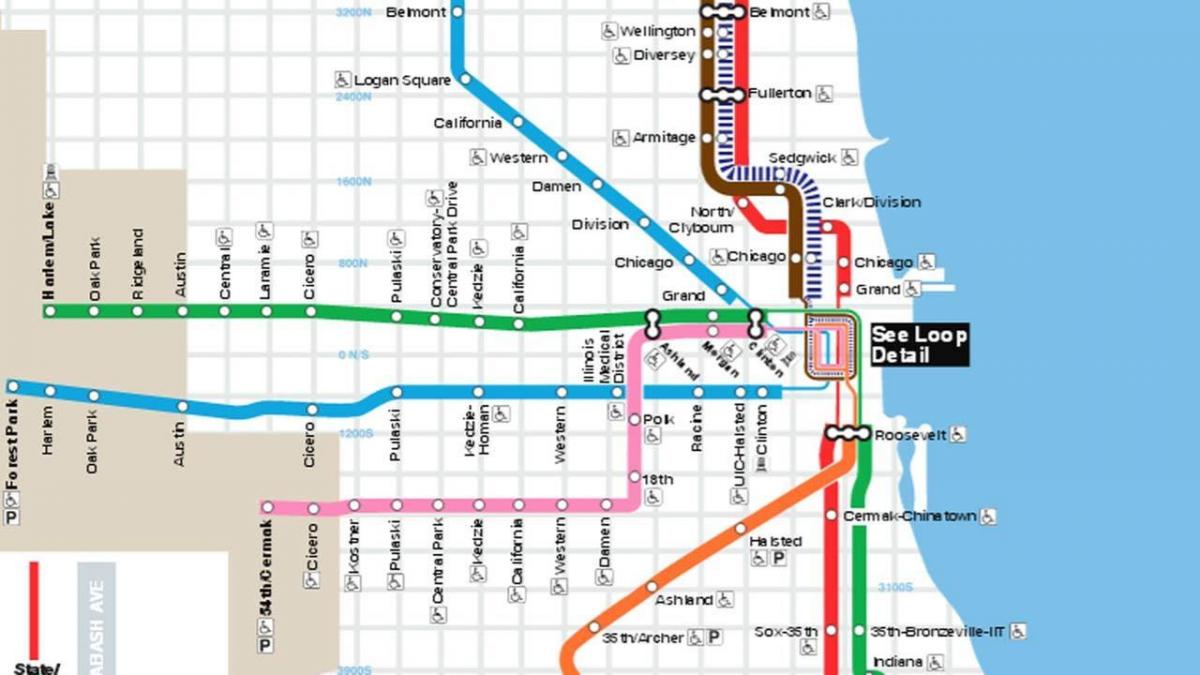 kort over Chicago blå linje